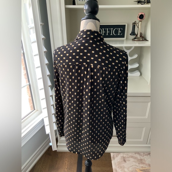 WHO WHAT WEAR Gold White Dot Button Up Long Sleeve Blouse Black Womens SZ Small - Picture 8 of 13